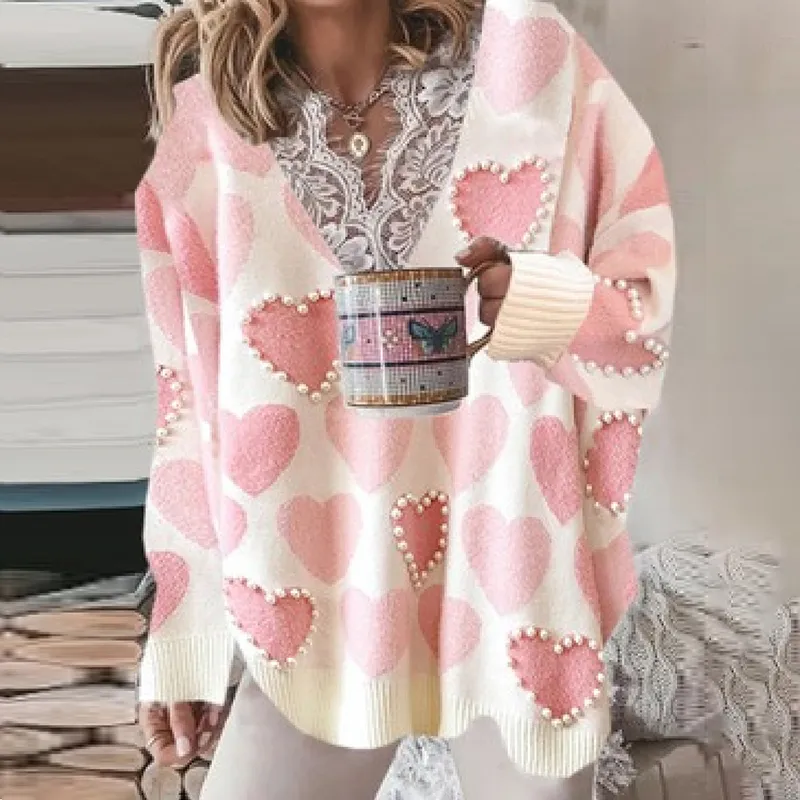 Pearl Heart Lace Stitching Casual Sweater