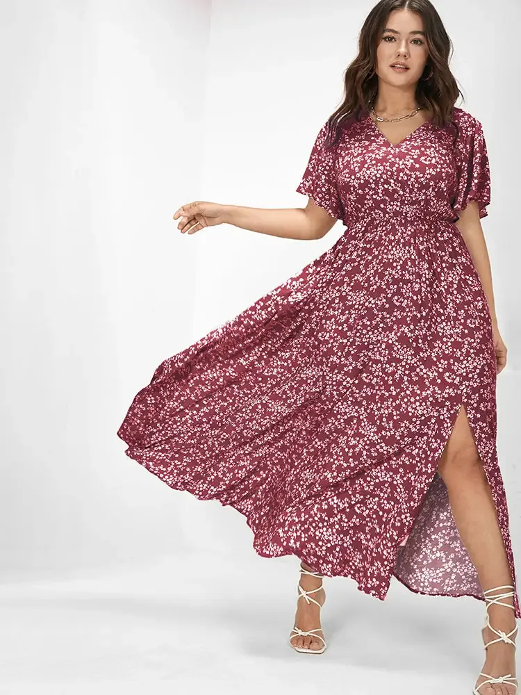 Bloom Dress - Flutter Sleeve Ditsy Floral Pocket Split Maxi Dress