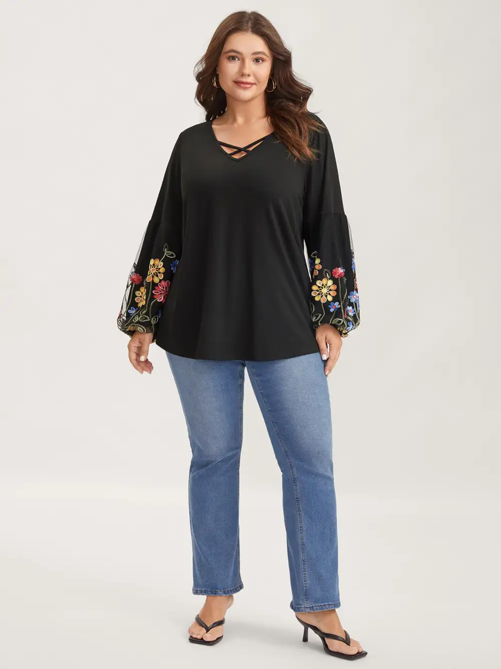 Floral Embroidered Sleeve Neck Tie-Up T-Shirt