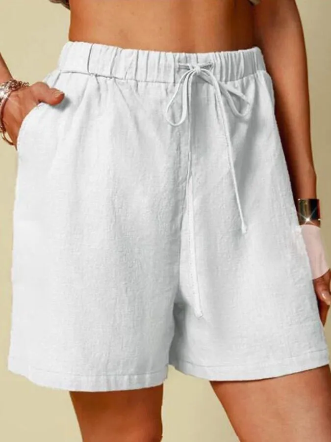 Women's Cotton Linen Solid Color Loose Casual Pocket Shorts