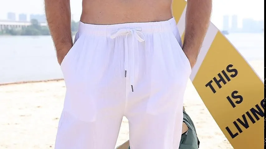 Men's Linen Pants Trousers Summer Pants Baggy Beach Pants Drawstring Front Pocket Straight Leg Plain Comfort Soft Full Length Holiday Beach Yoga Linen / Cotton Blend Fashion Hawaiian Black White