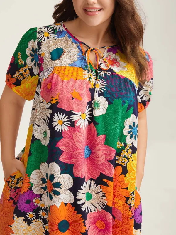 Large Floral Print Neck Tie Midi Dress