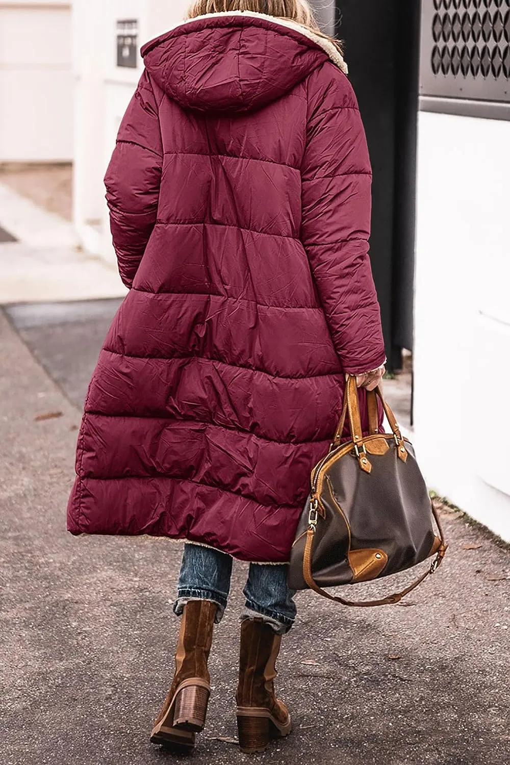 Women's Warm Winter Coats Reversible Sherpa Fleece Long Hooded Puffer Jackets Outerwear