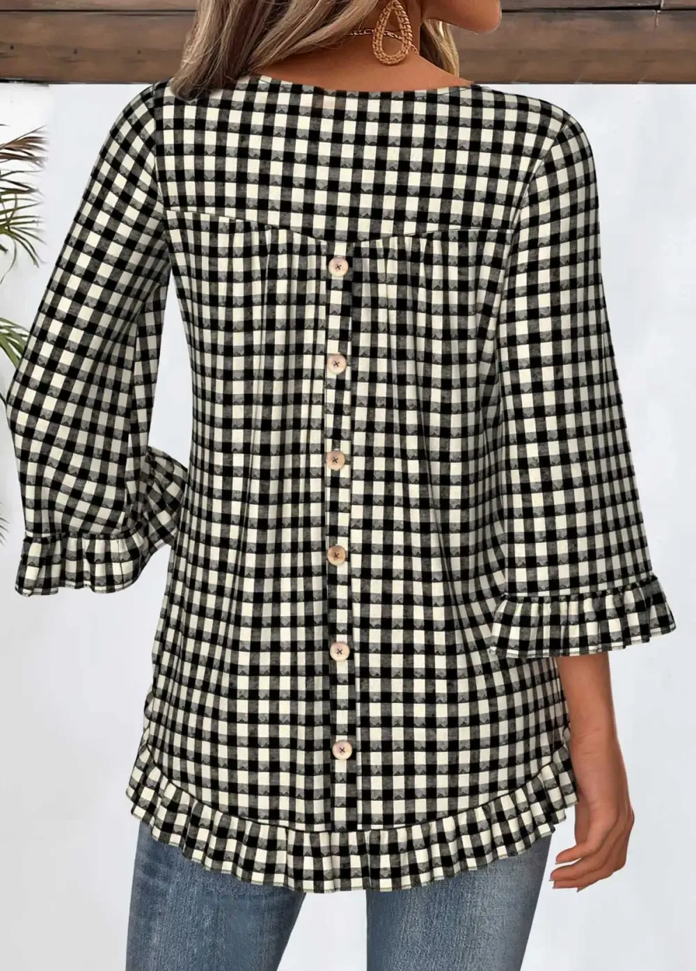 Black Tummy Coverage Plaid 3/4 Sleeve T Shirt