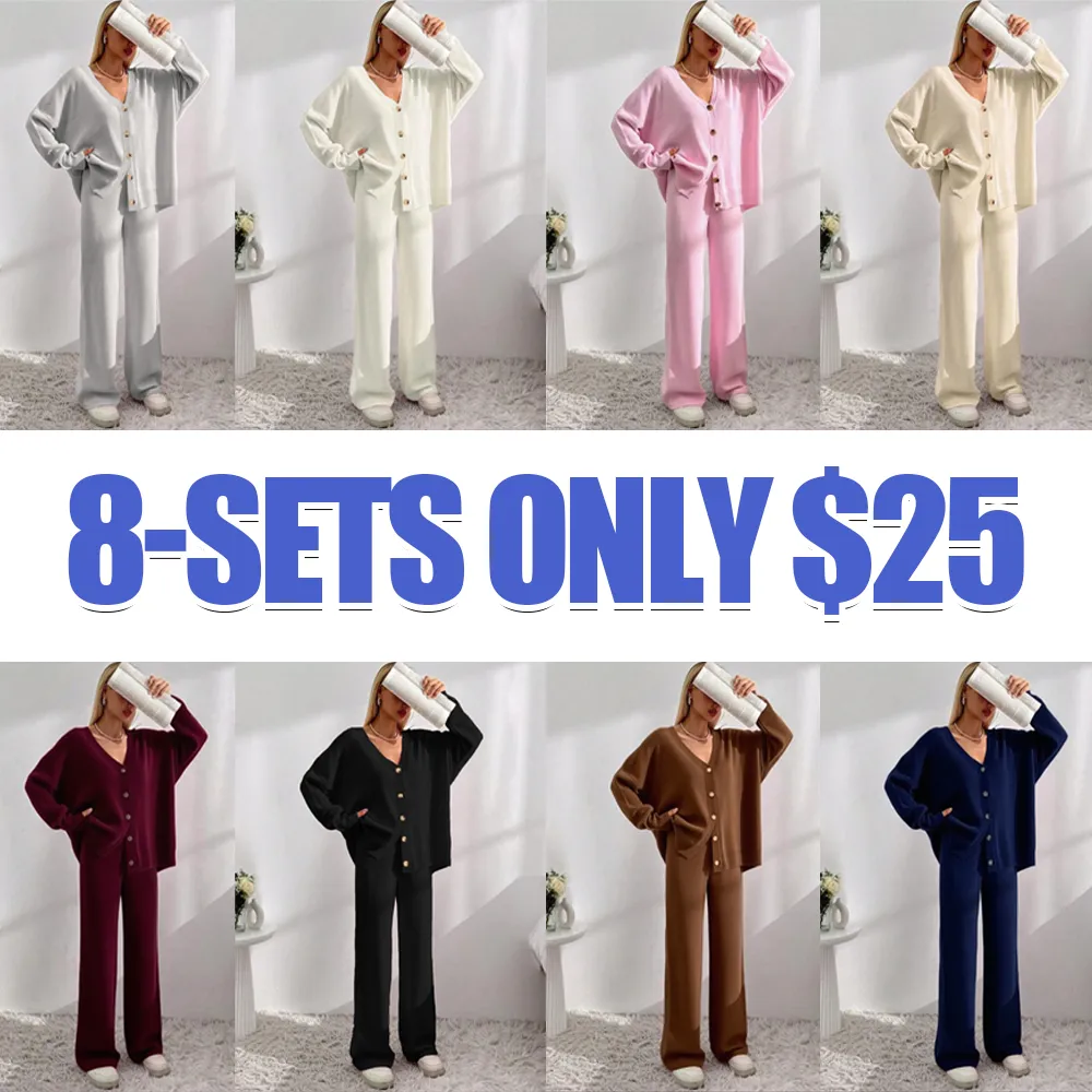 Women's V-Neck Button Cardigan & Wide-Leg Pants Set