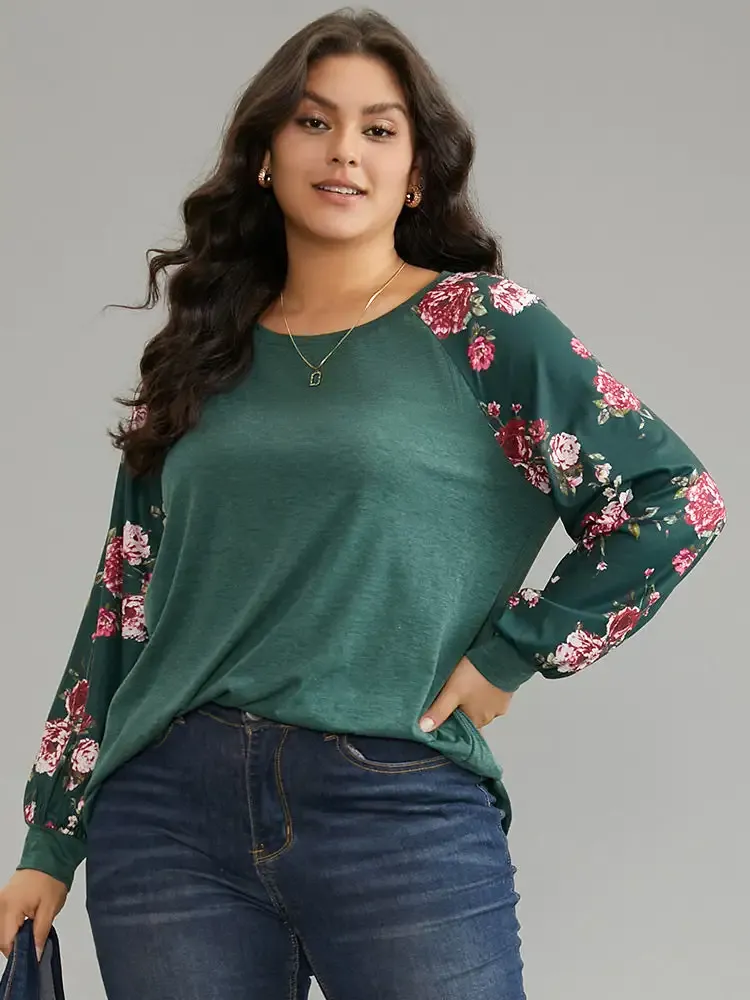 Floral Patchwork Crew Neck Raglan Sleeve T-Shirt