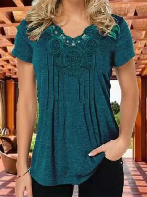 Women Short Sleeve U-neck Lace Top