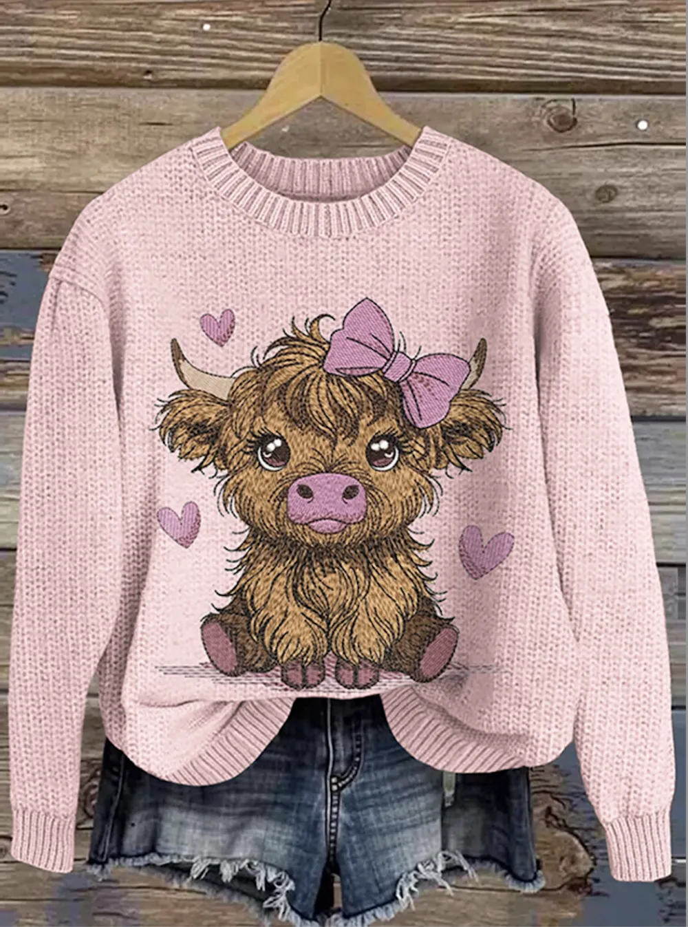 Highland Cow Love Pattern Round Neck Sweater