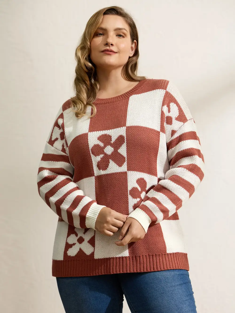 Checkered Floral Stripe Sleeve Jacquard Pullover