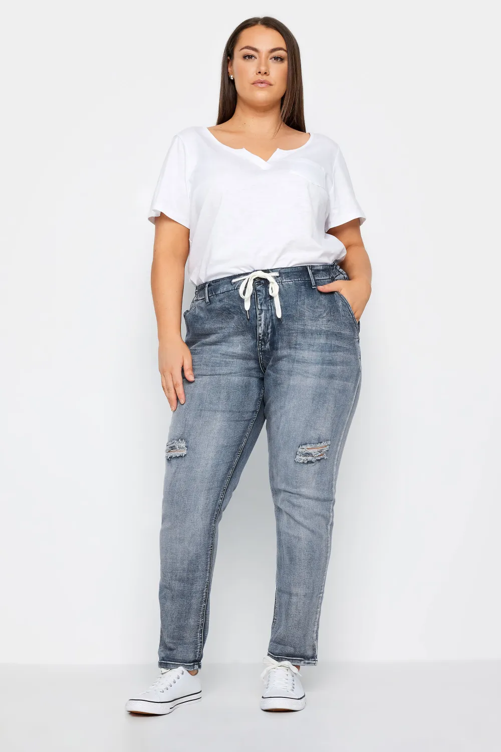 Evans Blue Washed Distressed Drawstring Jeans
