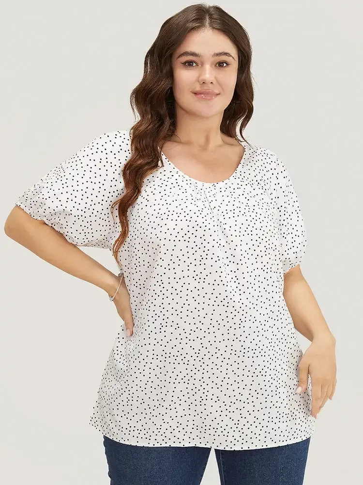 Polka Dot Pleated Round Neck Puff Sleeve Blouse