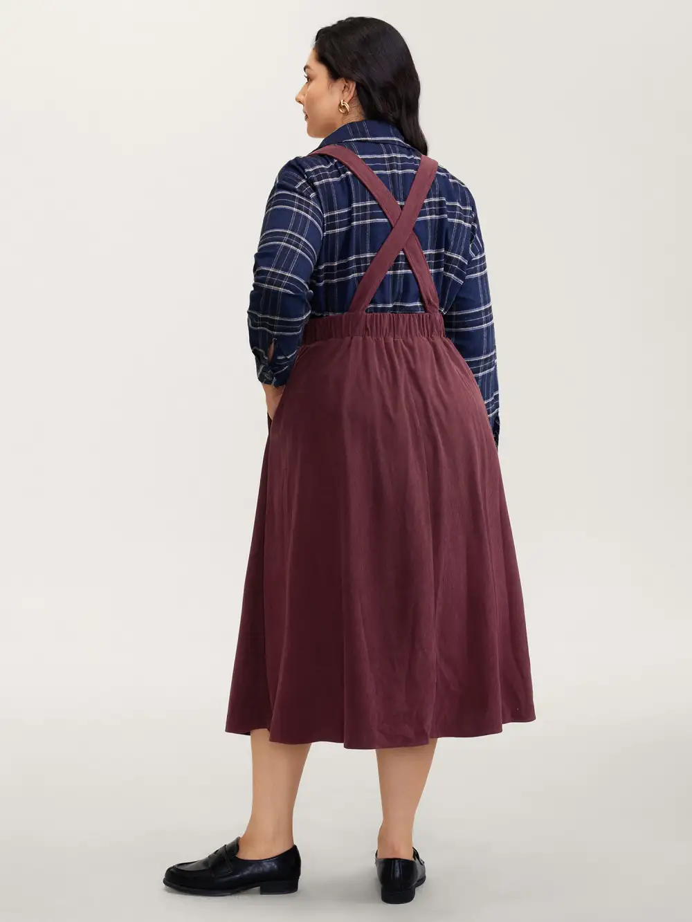 Corduroy Overall Straps Stretchy Back Midi Dress