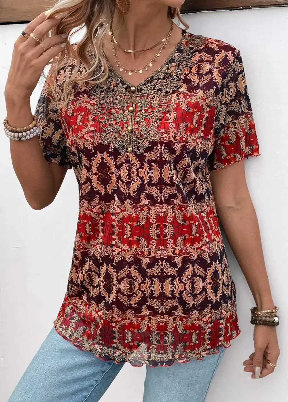 Multi Color Button Tribal Print Short Sleeve Blouse