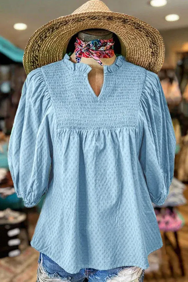 Casual Ruffle Smocked V-Neck Blouse