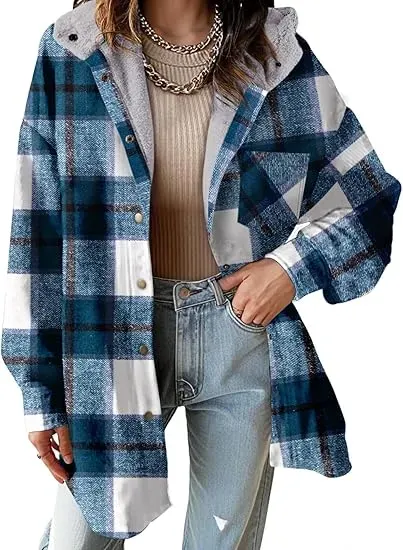 Flannel Hooded Plaid Shacket - Button-Down Thick Fleece-Lined Fuzzy Winter Coat