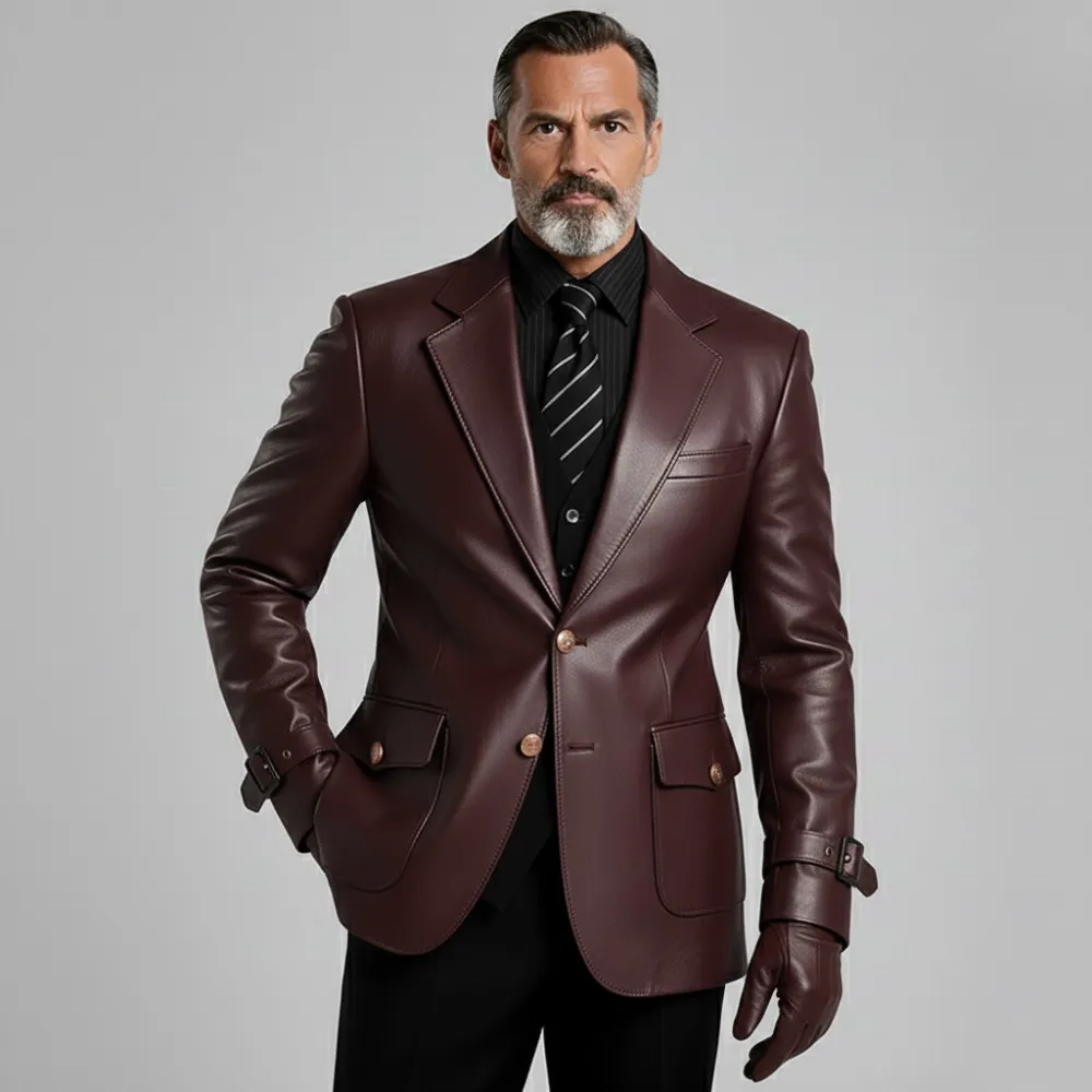 Men's Dark Brown Notched Lapel Long Sleeve Two Button Flap Pockets Buckle Cuffs PU Leather Blazer