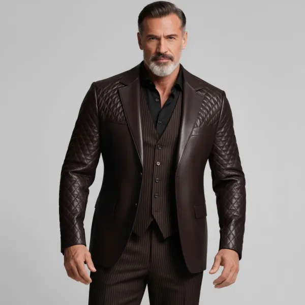 Men's Business Coffee Notch Lapel Quilted Long Sleeve Button PU Leather Blazer