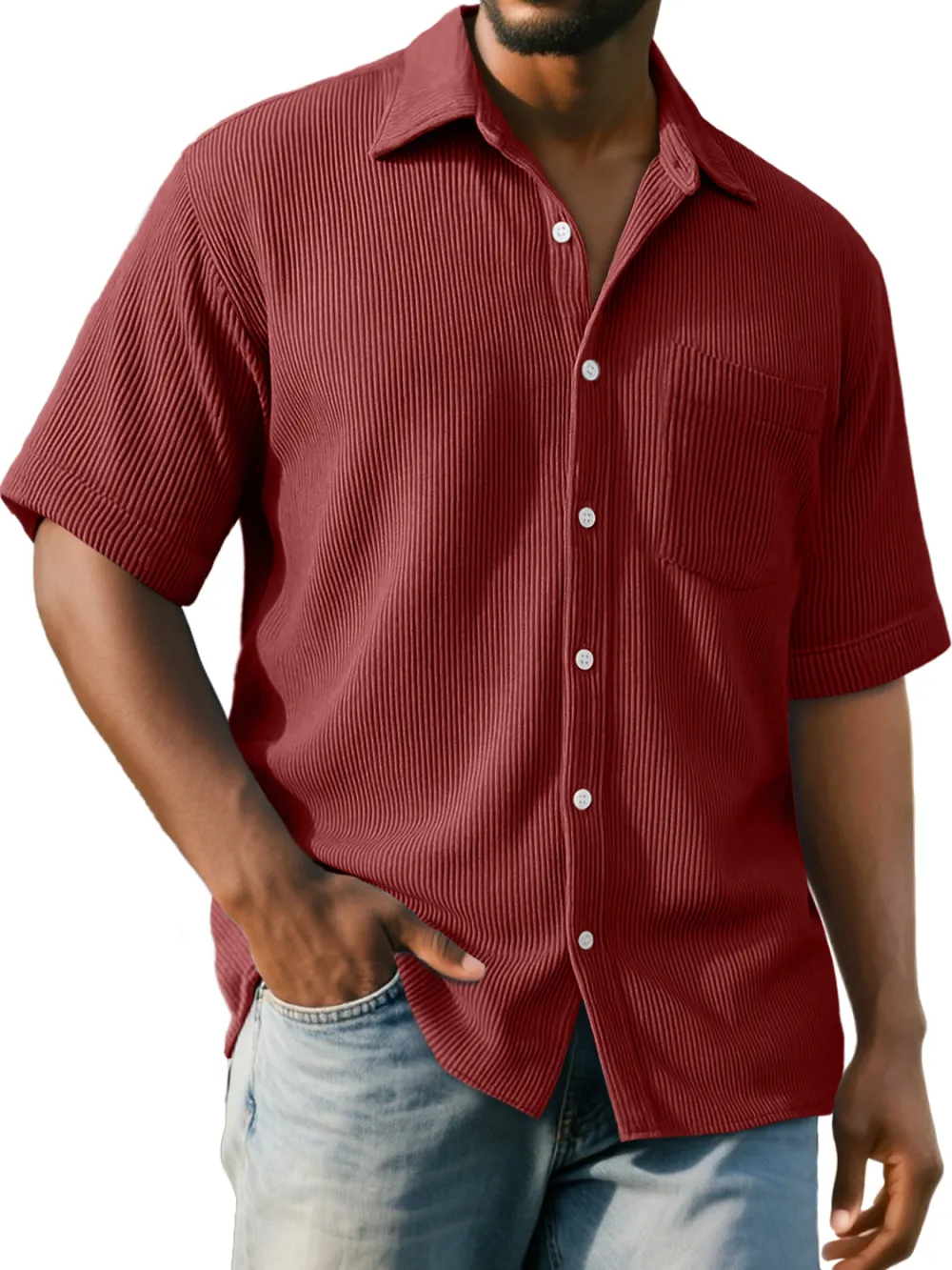 Men's Daily Ribbed Pocket Casual Comfort Solid Color Short Sleeve Shirt