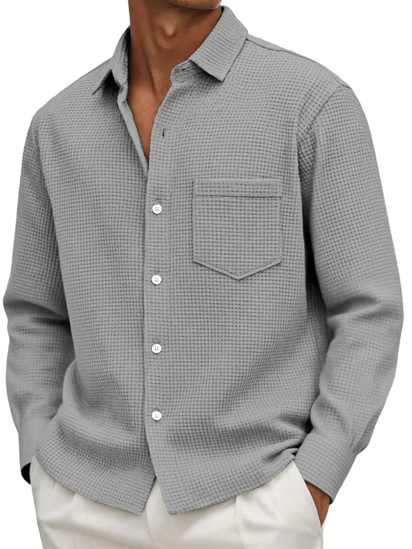 Men's Casual Solid Color Waffle Long Sleeve Shirt With Pockets