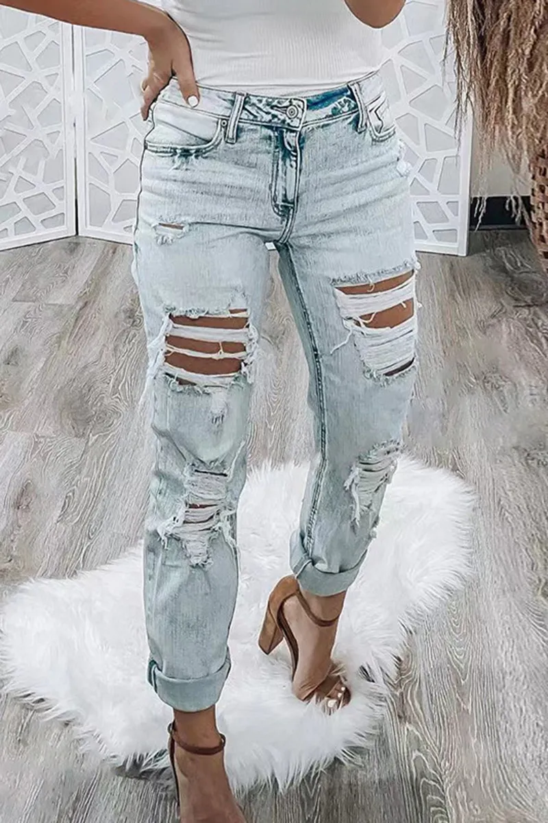 Ripped Low Waist Straight Leg Jeans