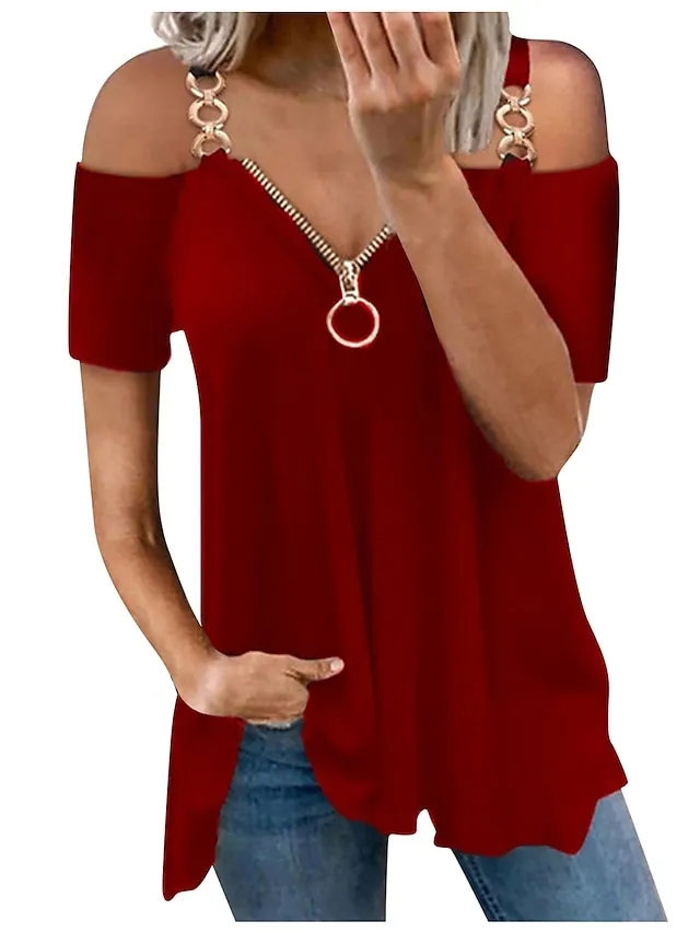 Women's T shirt Tee Burgundy Tee Tunic Plain Black Wine Navy Blue Cold Shoulder Quarter Zip Short Sleeve Casual Weekend Basic Off Shoulder V Neck Regular Fit Cold Shoulder