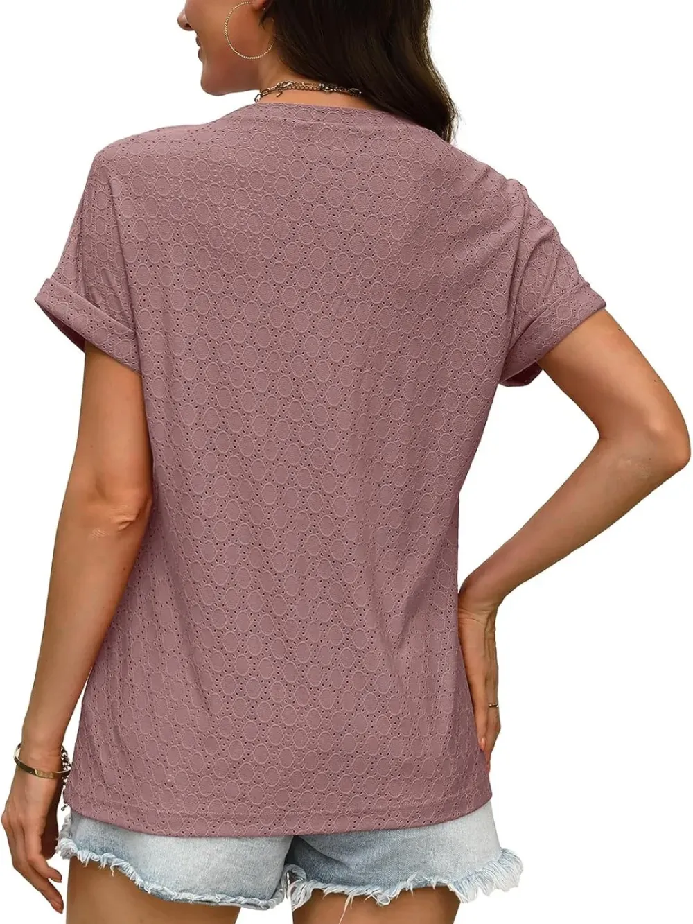 ✨Women's V Neck Eyelet Dressy Casual Basic Short Sleeve Tees