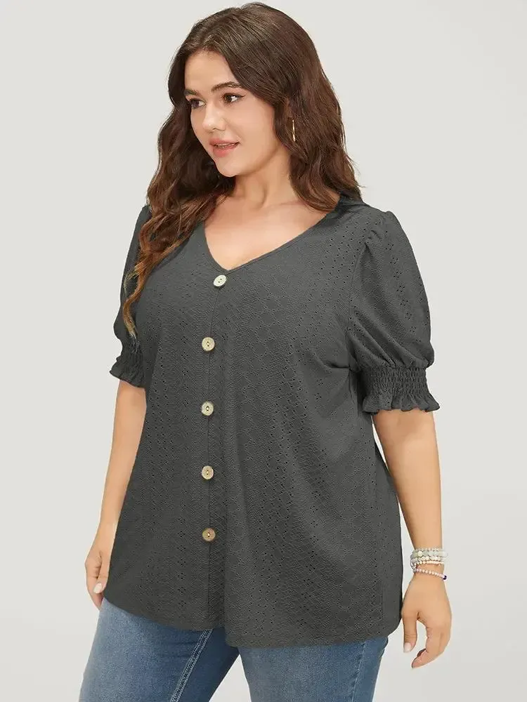 Plain Broderie Anglaise Shirred Puff Sleeve Button Detail T-shirt