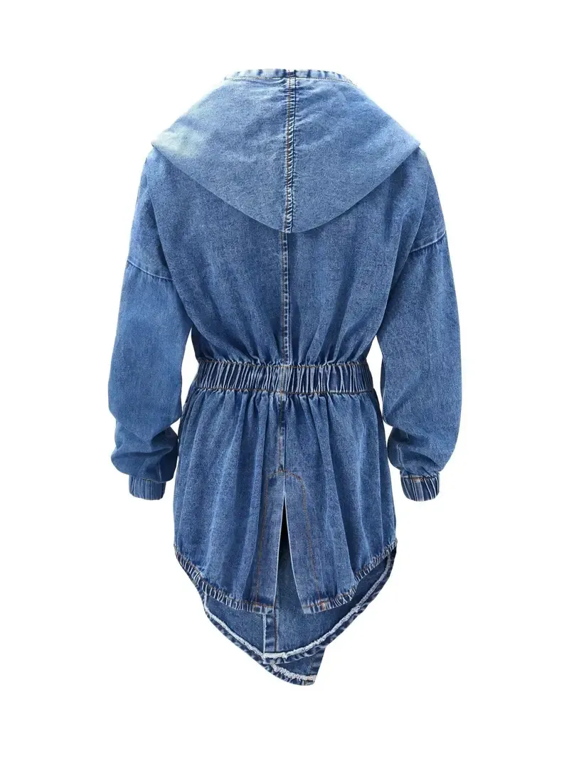 Stylish Denim Hooded Jacket - Elastic Band Cuff, Belted Closure, Non-Button Design, Comfortable Fit