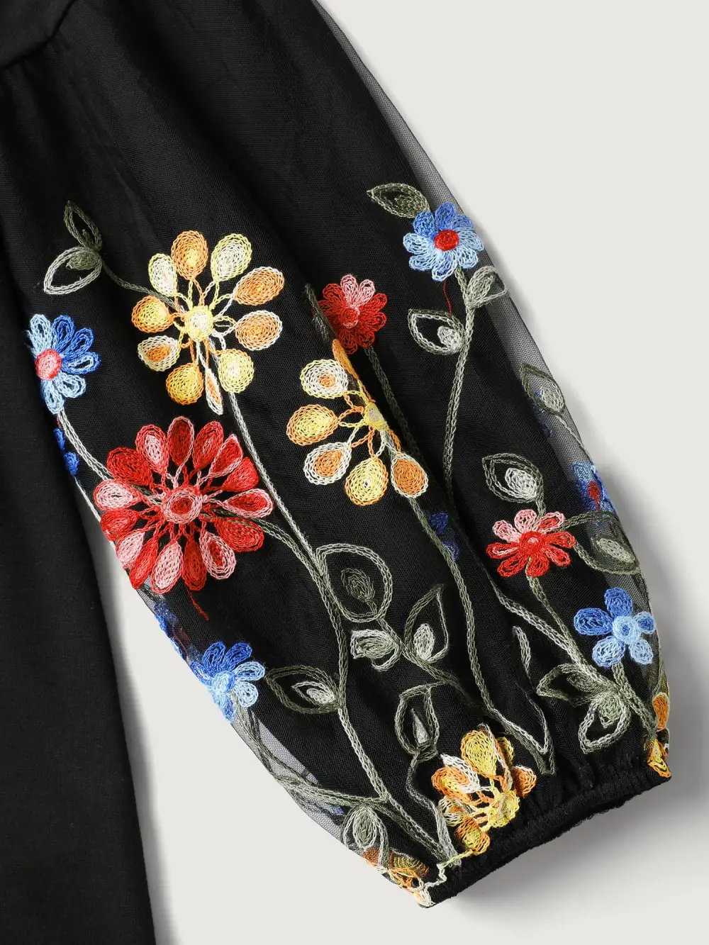 Floral Embroidered Sleeve Neck Tie-Up T-Shirt