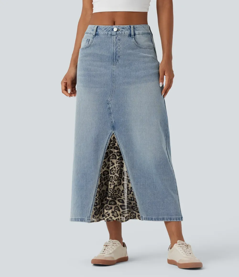 Halara FlexTM Mid Rise Contrast Leopard Mesh Midi Denim Casual A-line Skirt with Pockets