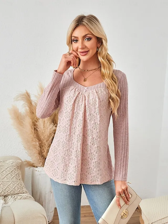 Women's Blouse Textured Ribbed Solid Color Eyelet Daily Elegant Stylish Puff Sleeve Long Sleeve