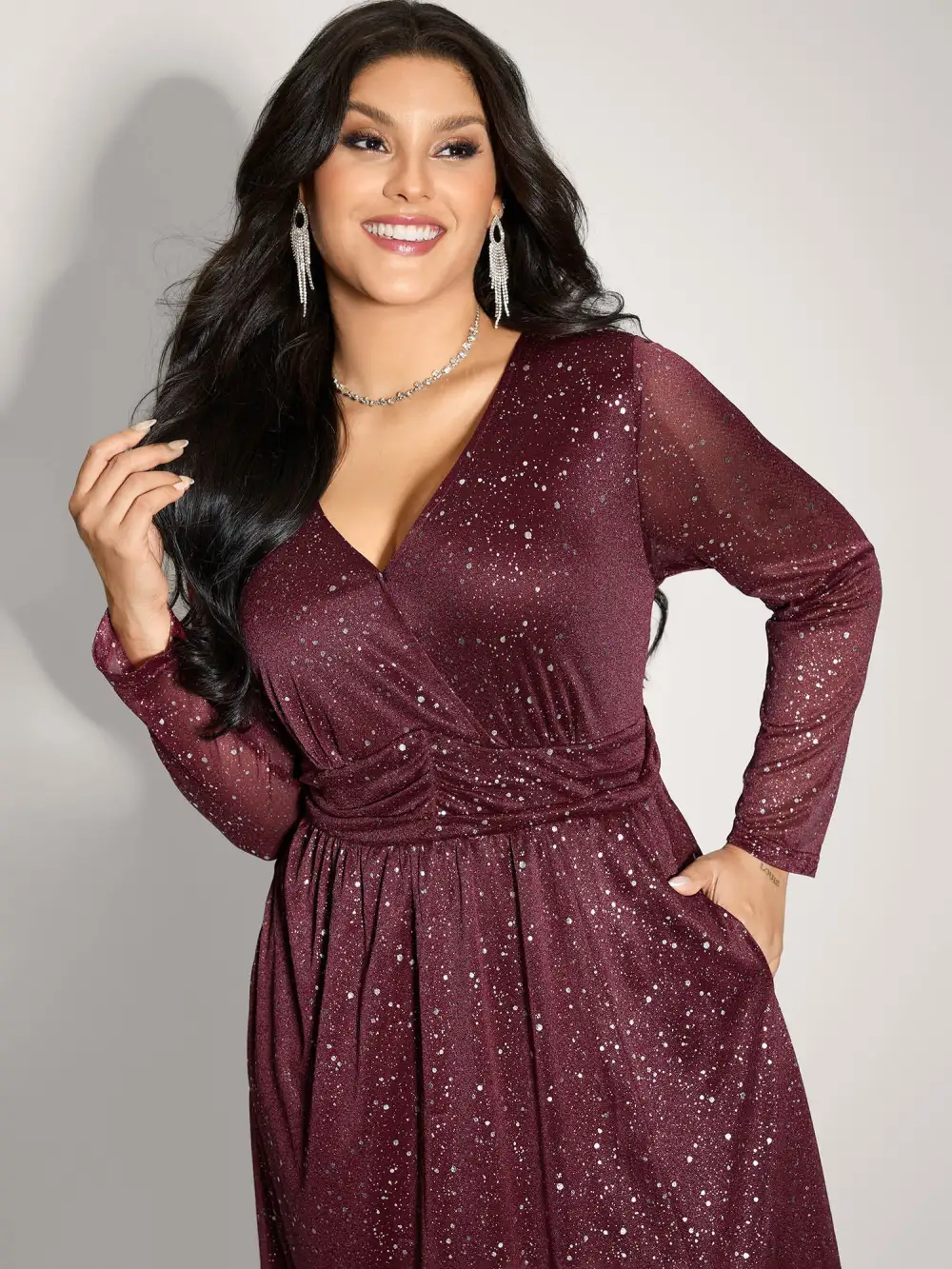 Shimmery Hot Stamp Pockets Slit Maxi Dress