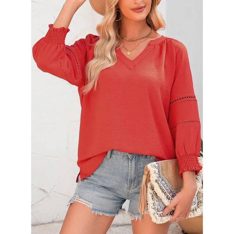 Women's Casual V-Neck Hollow-Out Blouse (3/4 Sleeve, Soft Breathable)