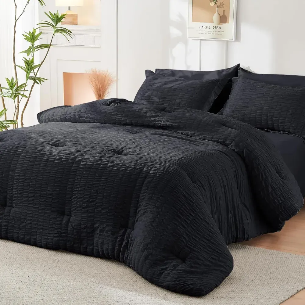 Queen Comforter Set Seersucker 7 Pieces, All Season Luxury Bed in a Bag for Bedroom, Bedding Set with Comforters, Sheets, Pillowcases & Shams, Dark Grey