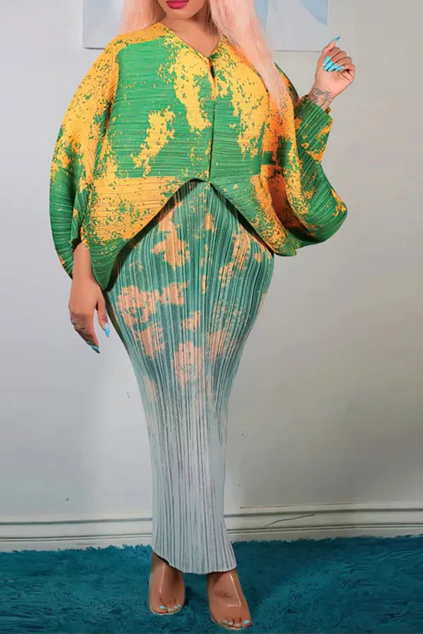 Abstract Print Stylish Batwing Sleeve Midi Dress