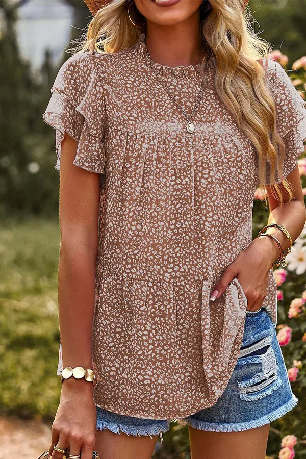 Animal Print Ruffle Chiffon T-Shirt