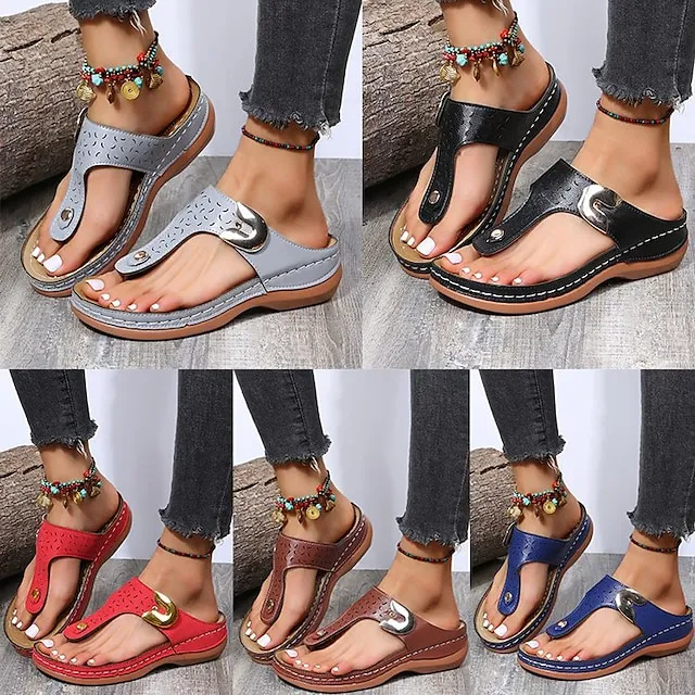 Women's Sandals Wedge Sandals Plus Size Outdoor Daily Walking Solid Colored Summer Sequin Flat Heel Wedge Heel Open Toe Casual PU Leather Loafer Black Red Blue