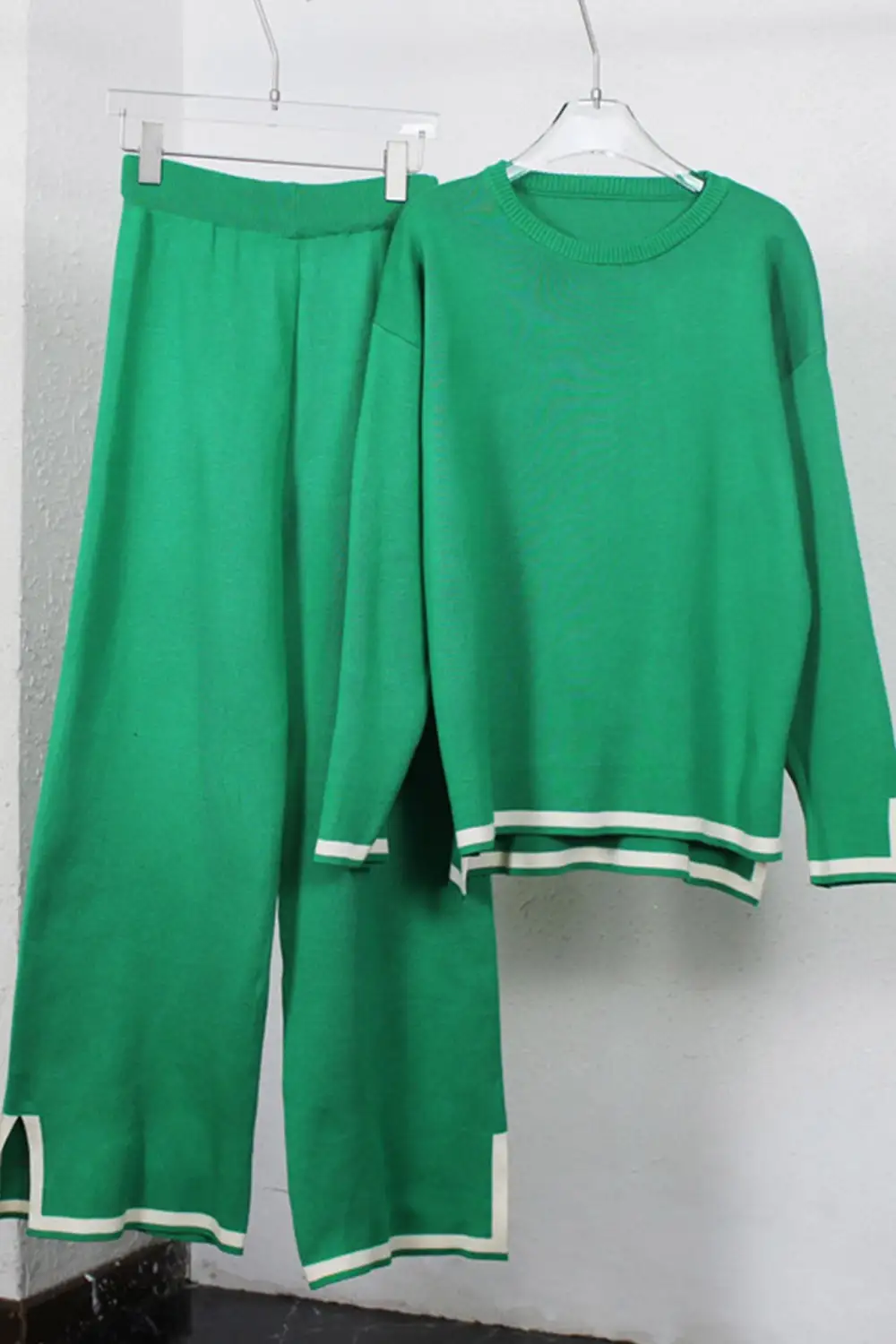 Contrast Slit Knit Top Long Pants Suits
