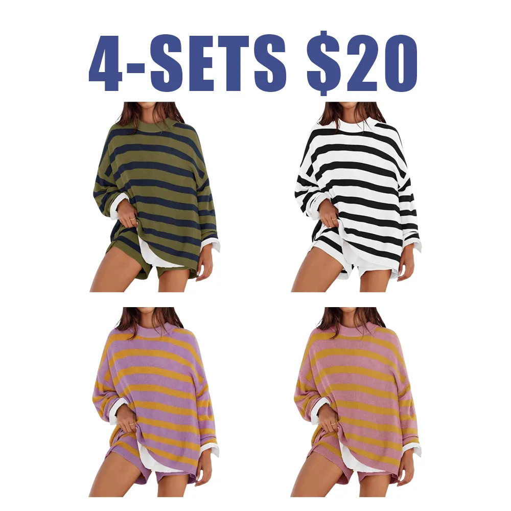 Women's 2 Piece Sweater Lounge Sets Striped Long Sleeve Shorts Oversized Matching Outfits