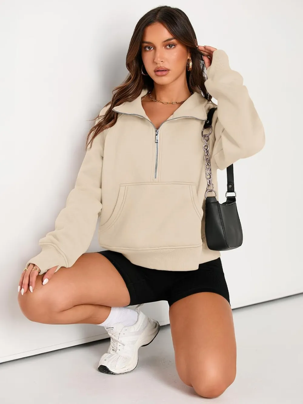 Womens Sweatshirts Half Zip Cropped Pullover Fleece Quarter Zipper Hoodies Fall outfits Clothes Thumb Hole