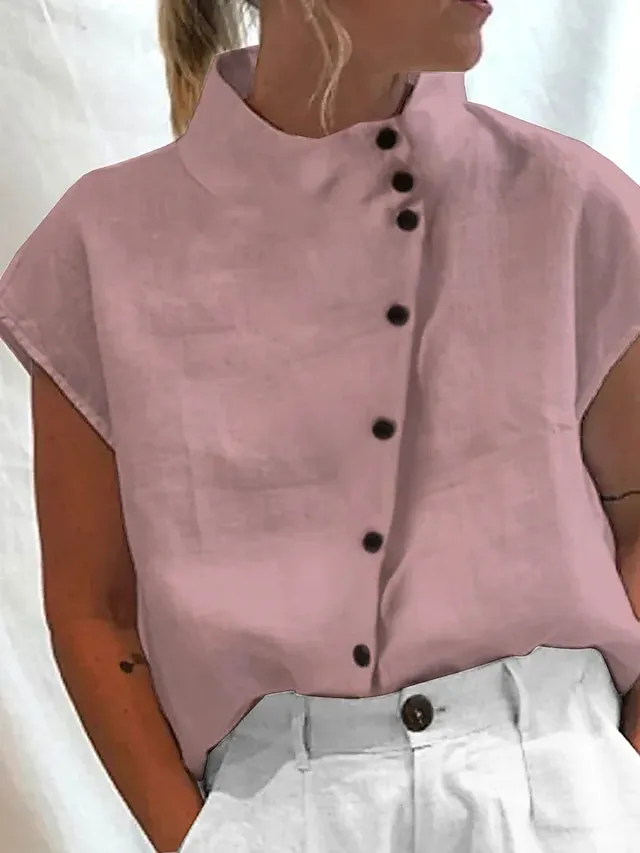 Women's Shirt Blouse Turtleneck shirt Plain Light Blue Black White Button Short Sleeve Casual Fashion Basic Elegant Standing Collar Regular Fit