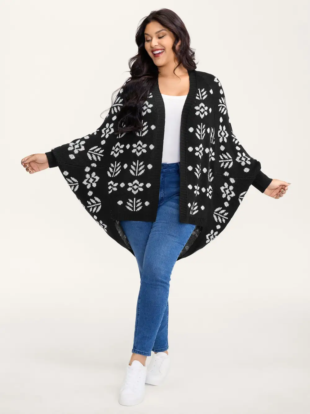 Floral Pattern Cloak-Style Cardigan