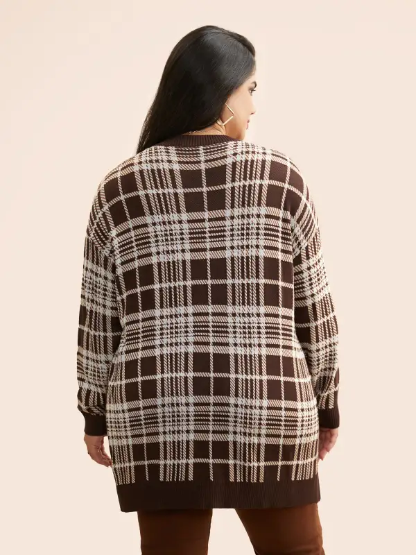 Plaid Open Front Patch Pocket Cardigan