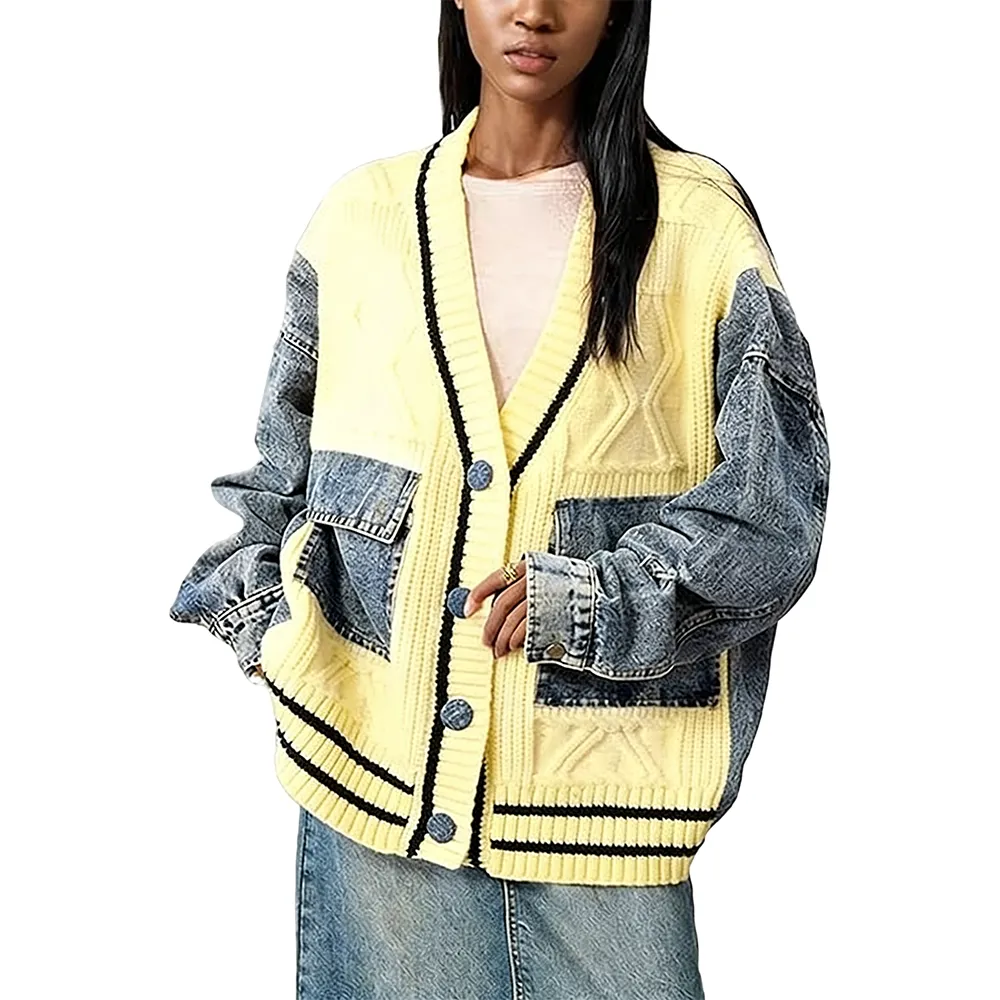 Unique Denim Patchwork Cable Knitted Coat