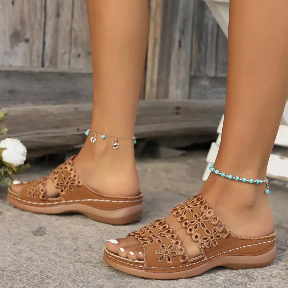 Dark Camel Peep Toe Low Heel Sliders