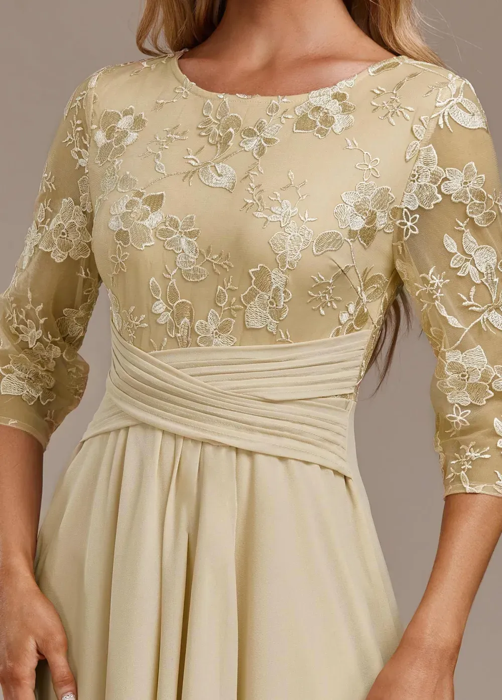 Champagne Embroidery 3/4 Sleeve Round Neck Dress