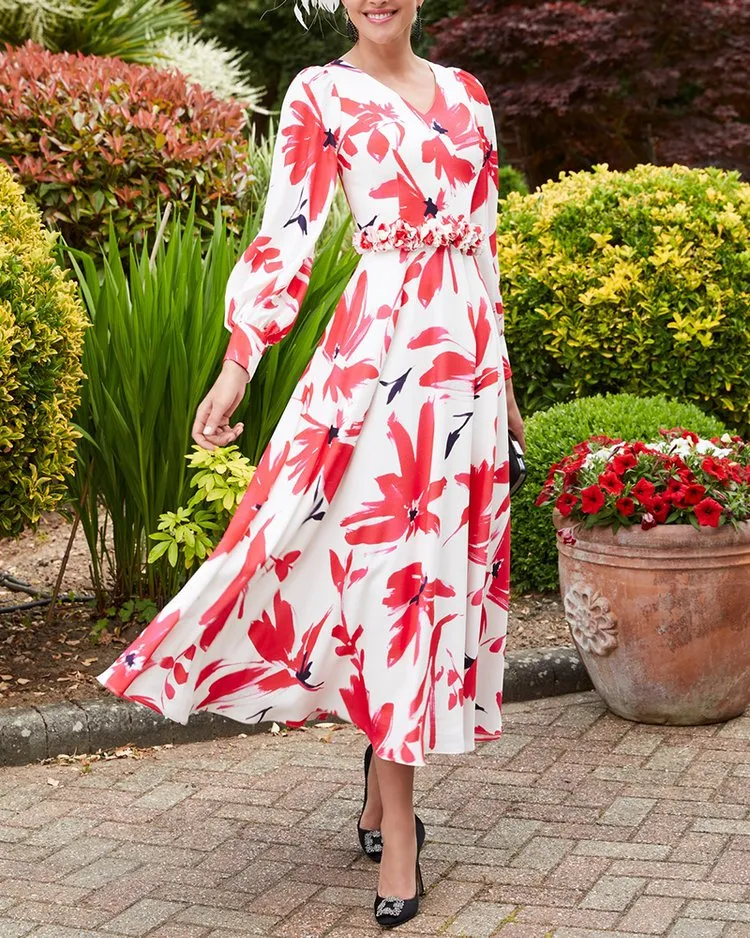 PRINTED MIDI DRESS WITH ELEGANT PUFF SLEEVES