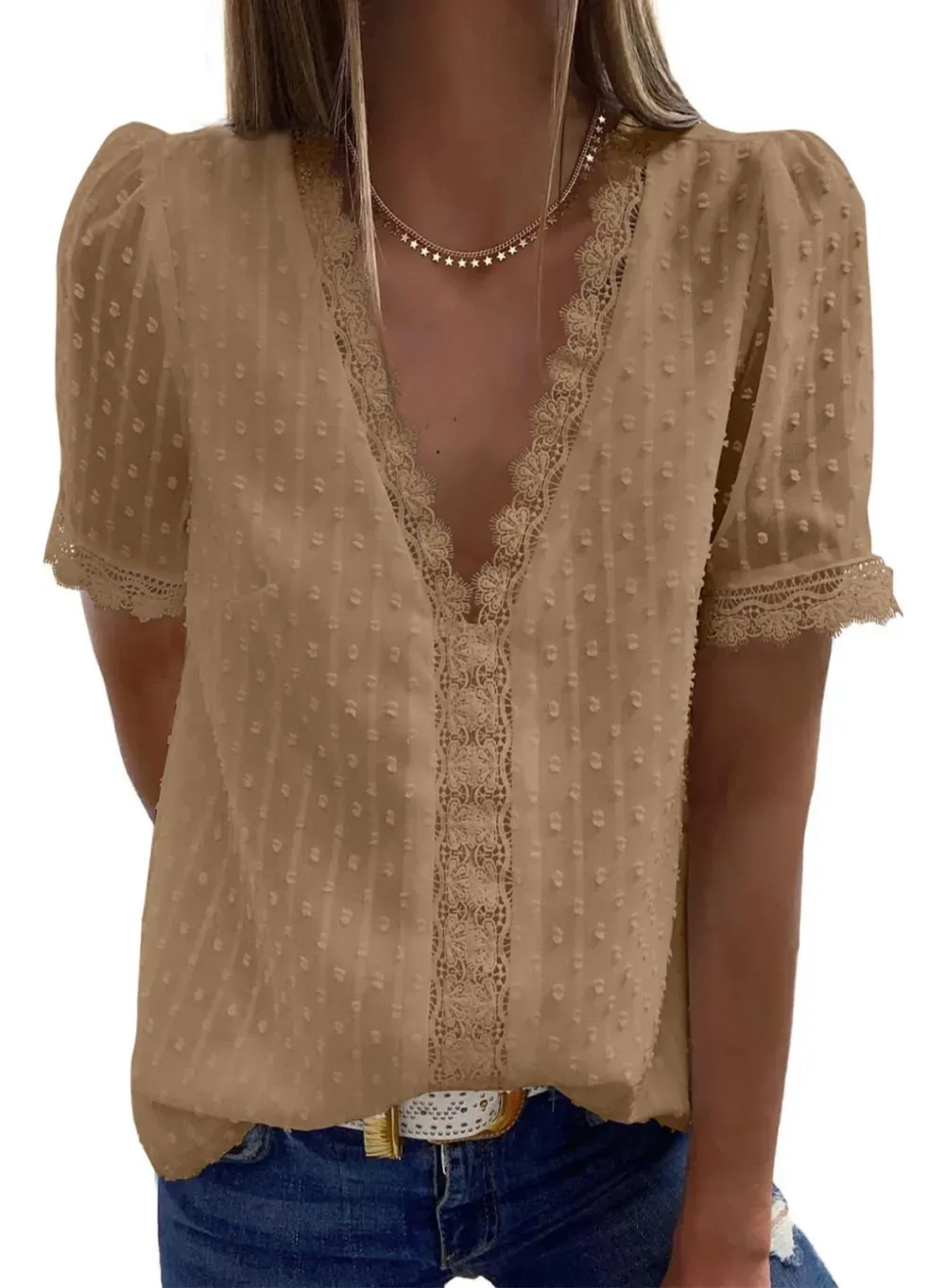 ✨Hot Sale-Women's V Neck Lace Crochet Tunic Tops Flowy Casual Shirts