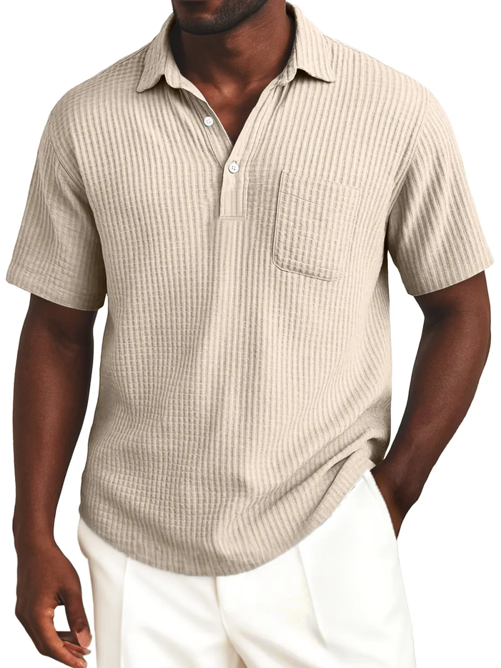 Men's Simple Everyday Solid Color Waffle Lapel Button-up Polo Shirt