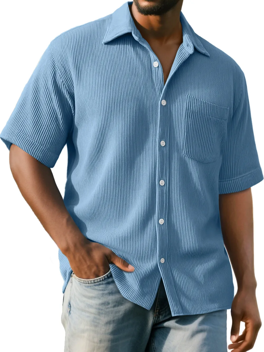 Men's Daily Ribbed Pocket Casual Comfort Solid Color Short Sleeve Shirt